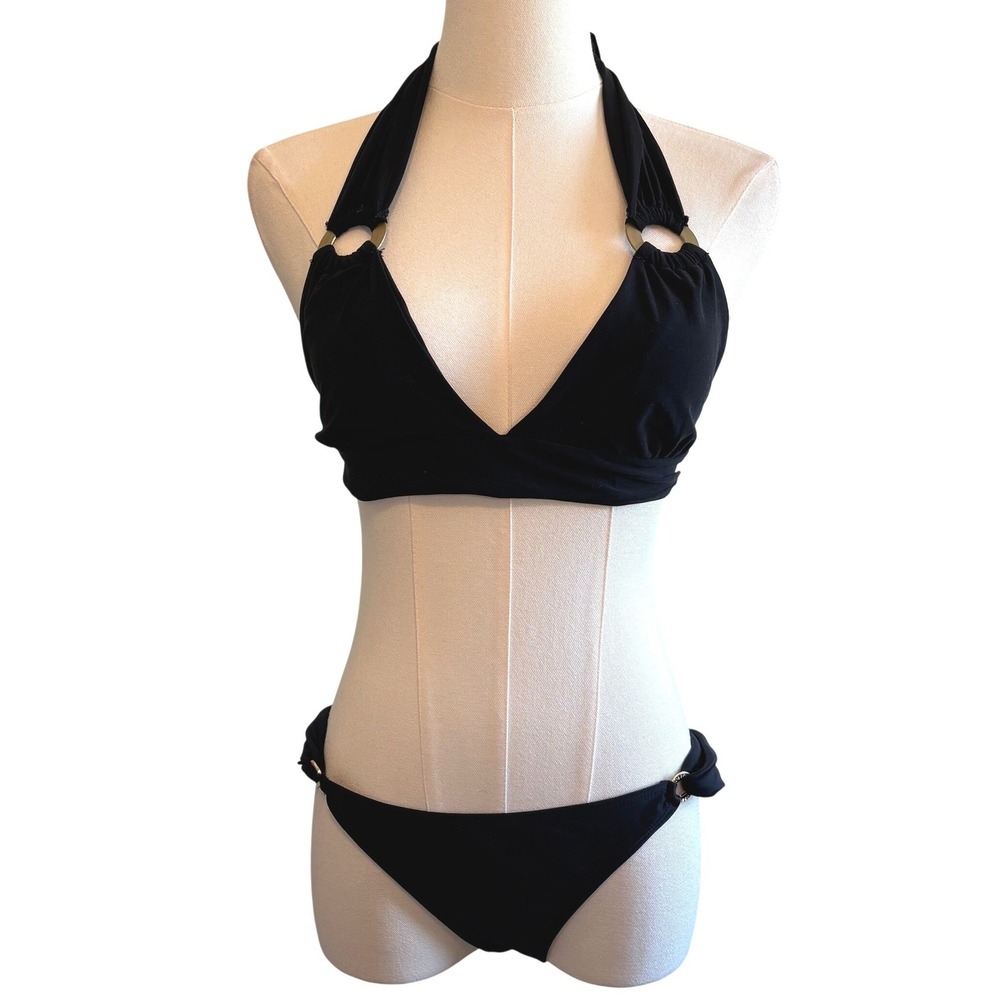 Despi Bikini Set Black Size M Gold Ring Halter Brazilian Luxury